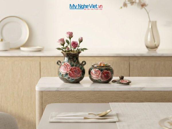 Set Quà Tặng Bình Hoa Và Hũ Mứt Gốm Bát Tràng Vẽ Hoa Hồng