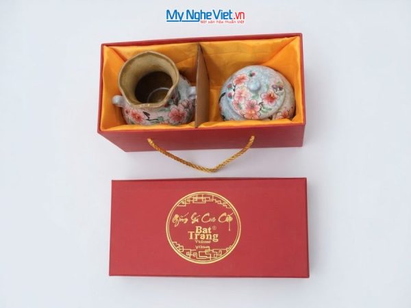 Set Quà Tặng Bình Hoa Và Hũ Mứt Gốm Bát Tràng Vẽ Hoa Đào Hồng