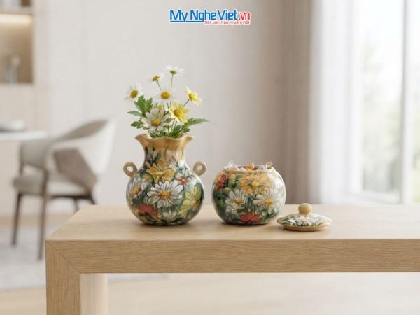Set Quà Tặng Bình Hoa Và Hũ Mứt Gốm Bát Tràng Vẽ Hoa Cúc