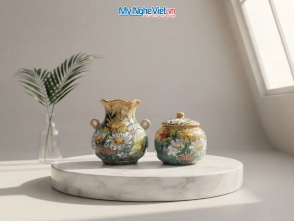 Set Quà Tặng Bình Hoa Và Hũ Mứt Gốm Bát Tràng Vẽ Hoa Cúc