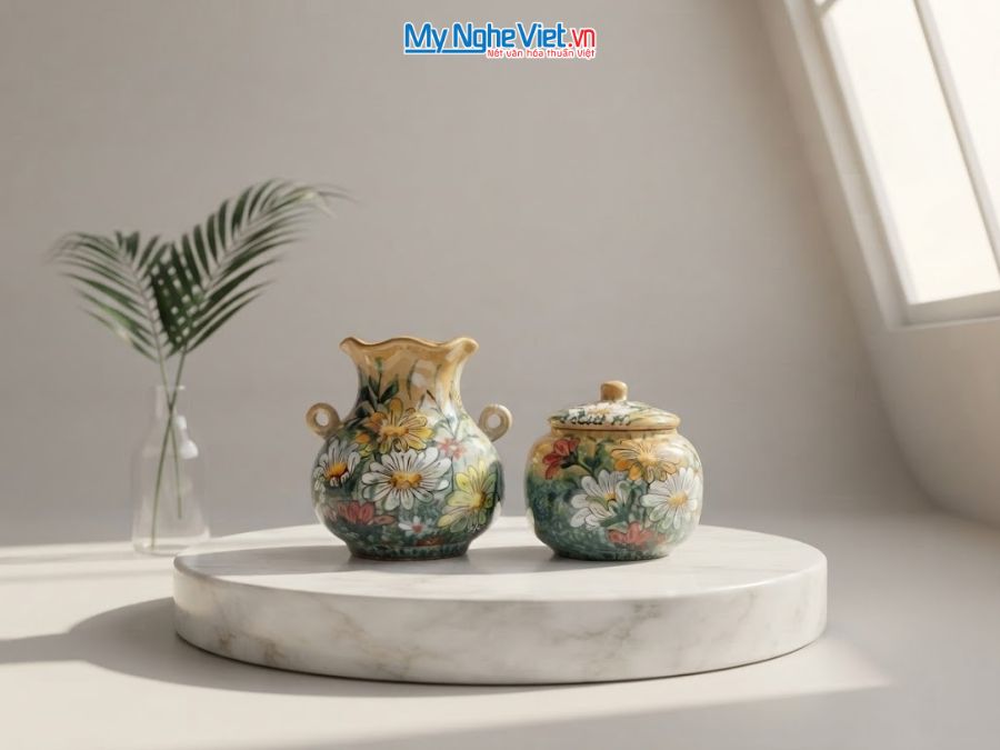 Set Quà Tặng Bình Hoa Và Hũ Mứt Gốm Bát Tràng Vẽ Hoa Cúc