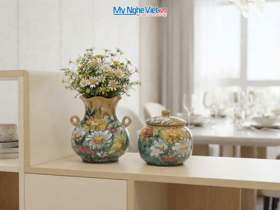 Set Quà Tặng Bình Hoa Và Hũ Mứt Gốm Bát Tràng Vẽ Hoa Cúc