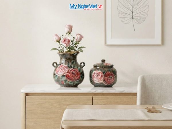 Set Quà Tặng Bình Hoa Và Hũ Mứt Gốm Bát Tràng Vẽ Hoa Hồng