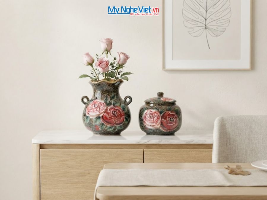 Set Quà Tặng Bình Hoa Và Hũ Mứt Gốm Bát Tràng Vẽ Hoa Hồng