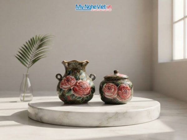 Set Quà Tặng Bình Hoa Và Hũ Mứt Gốm Bát Tràng Vẽ Hoa Hồng