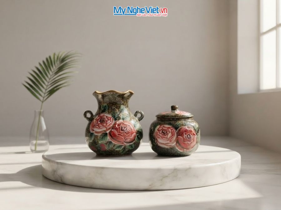 Set Quà Tặng Bình Hoa Và Hũ Mứt Gốm Bát Tràng Vẽ Hoa Hồng
