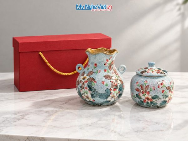 Set Quà Tặng Bình Hoa Và Hũ Mứt Gốm Bát Tràng Vẽ Hoa Đào Trắng