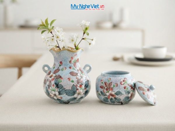 Set Quà Tặng Bình Hoa Và Hũ Mứt Gốm Bát Tràng Vẽ Hoa Đào Trắng