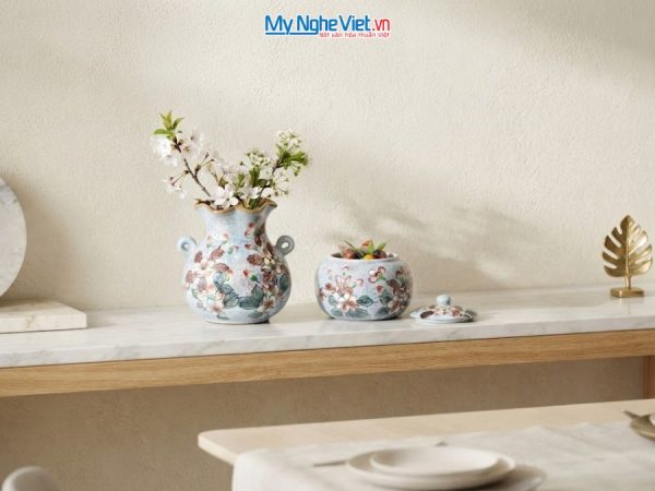 Set Quà Tặng Bình Hoa Và Hũ Mứt Gốm Bát Tràng Vẽ Hoa Đào Trắng
