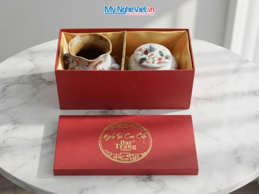 Set Quà Tặng Bình Hoa Và Hũ Mứt Gốm Bát Tràng Vẽ Hoa Đào Trắng