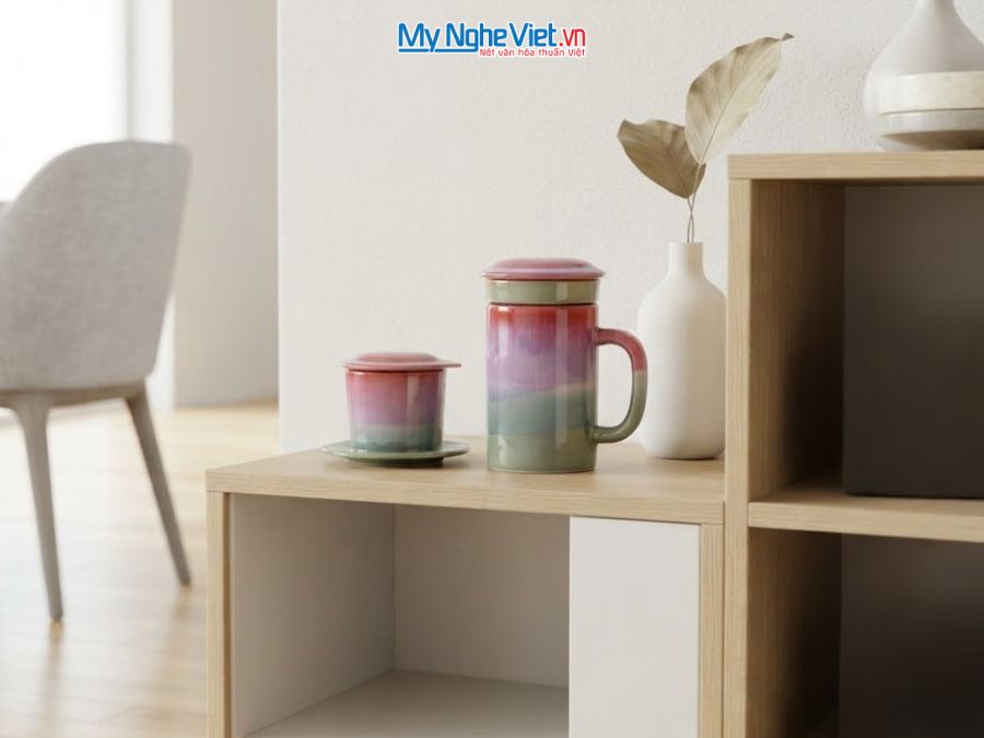 Set Quà Tặng Phin Cà Phê Và Ly Lọc Trà Gốm Màu Hồng Đậm