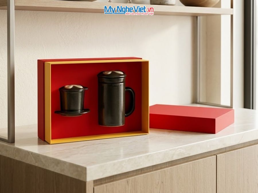 Set Quà Tặng Phin Cà Phê Và Ly Lọc Trà Gốm Màu Đen Vẽ Hoa