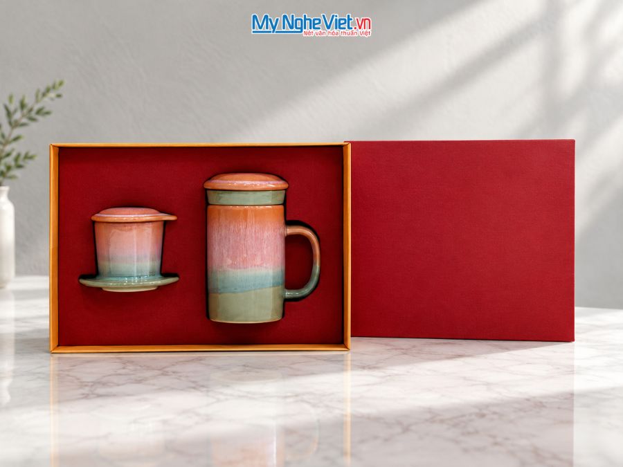 Set Quà Tặng Phin Cà Phê Và Ly Lọc Trà Gốm Màu Hồng Cam
