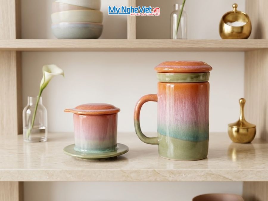 Set Quà Tặng Phin Cà Phê Và Ly Lọc Trà Gốm Màu Hồng Cam