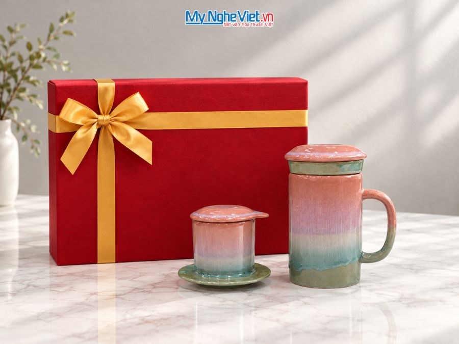Set Quà Tặng Phin Cà Phê Và Ly Lọc Trà Gốm Màu Hồng Nhạt