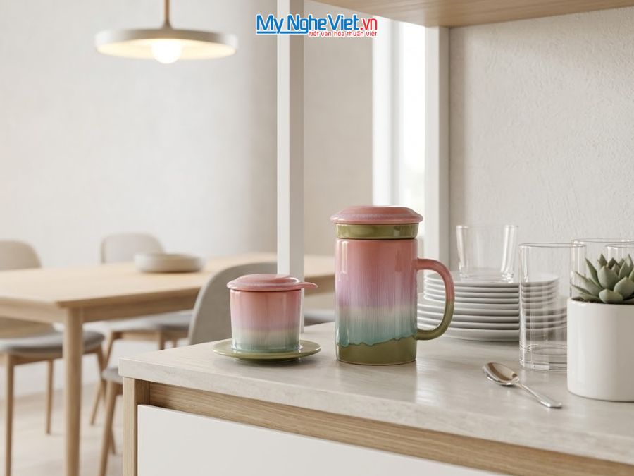 Set Quà Tặng Phin Cà Phê Và Ly Lọc Trà Gốm Màu Hồng Nhạt