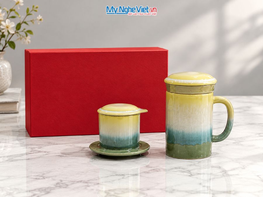 Set Quà Tặng Phin Cà Phê Và Ly Lọc Trà Gốm Màu Vàng