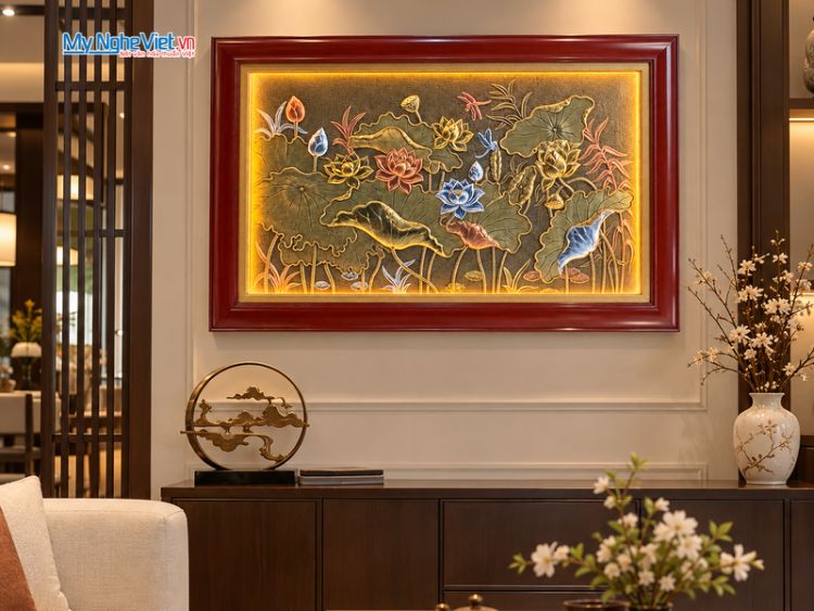 Tranh đồng giả cổ hoa sen có đèn LED 75x110cm TD75110 đúc đồng Đại Bái Mỹ Nghệ Việt