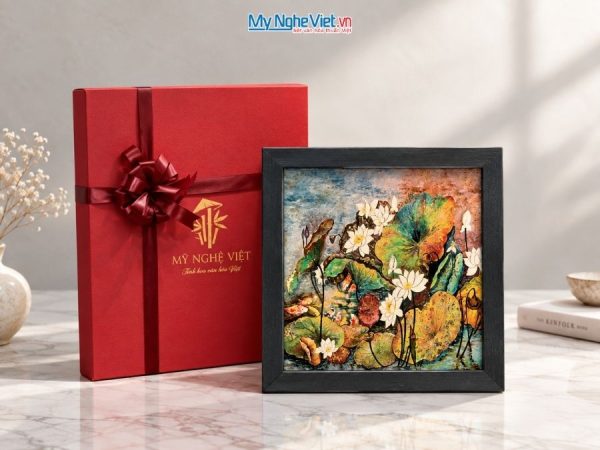 Tranh Sơn Mài Hoa Sen Đa Sắc Vẽ Tay