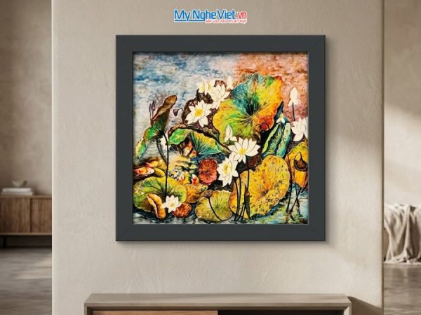 Tranh Sơn Mài Hoa Sen Đa Sắc Vẽ Tay