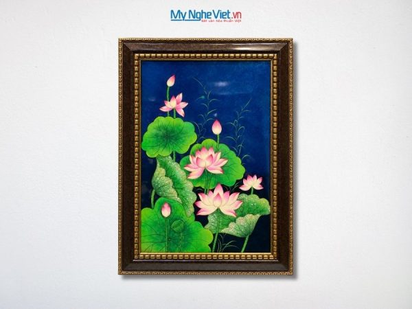 Tranh Sơn Mài Hoa Sen Đắp Nổi Nền Xanh