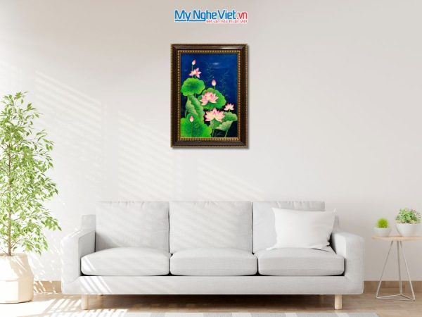 Tranh Sơn Mài Hoa Sen Đắp Nổi Nền Xanh