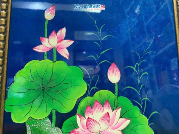 Tranh Sơn Mài Hoa Sen Đắp Nổi Nền Xanh