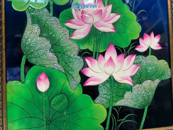 Tranh Sơn Mài Hoa Sen Đắp Nổi Nền Xanh