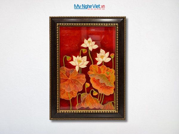 Tranh Sơn Mài Hoa Sen Đắp Nổi Nền Đỏ