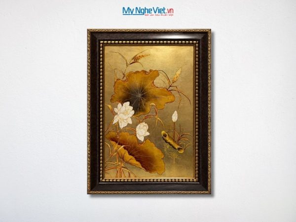 Tranh Sơn Mài Hoa Sen Trắng Dát Vàng