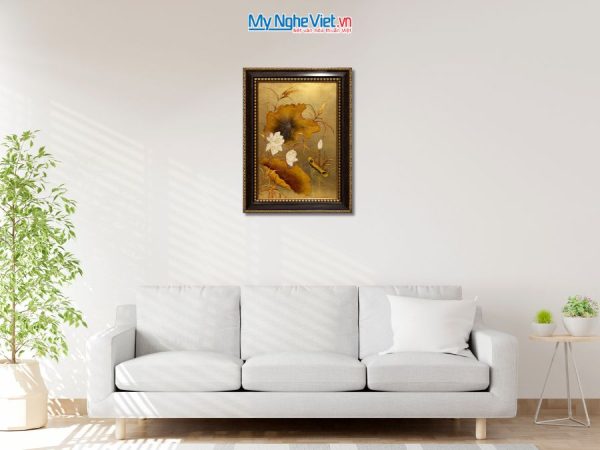 Tranh Sơn Mài Hoa Sen Trắng Dát Vàng
