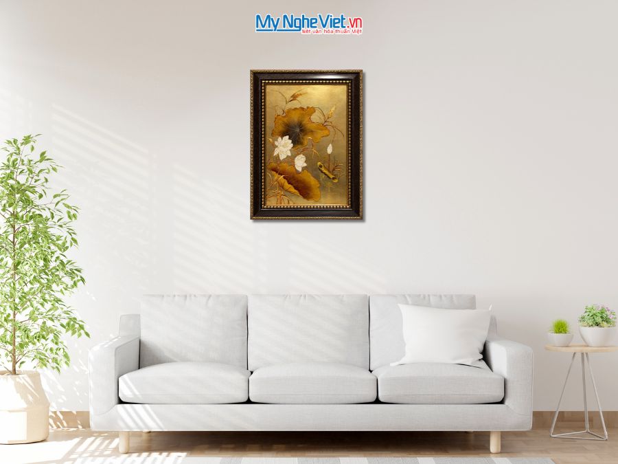 Tranh Sơn Mài Hoa Sen Trắng Dát Vàng