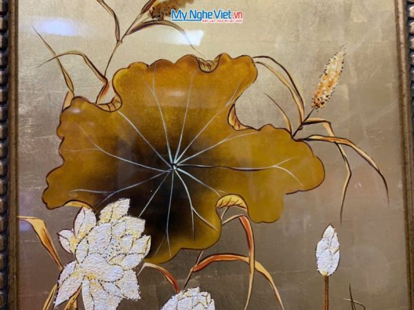 Tranh Sơn Mài Hoa Sen Trắng Dát Vàng
