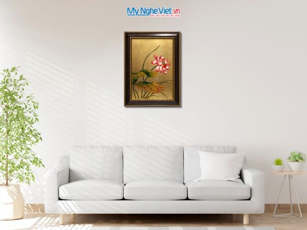 Tranh Sơn Mài Hoa Sen Hồng Dát Vàng
