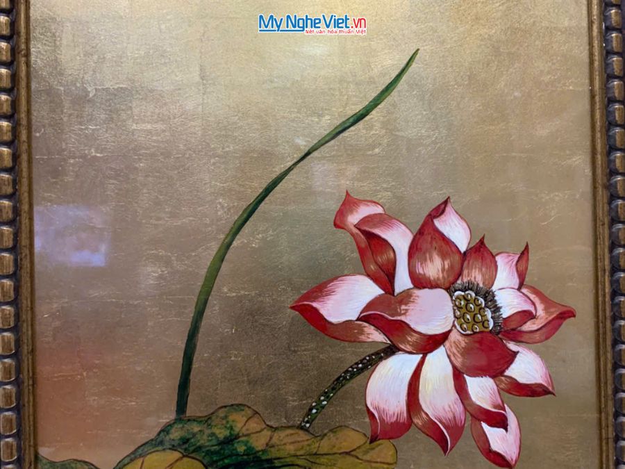 Tranh Sơn Mài Hoa Sen Hồng Dát Vàng