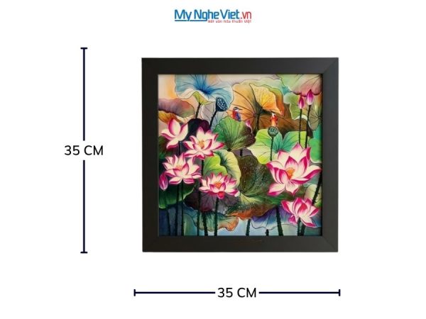 Tranh Sơn Mài Hoa Sen Hồng Vẽ Tay Nền Xanh