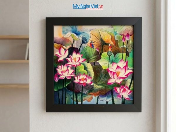 Tranh Sơn Mài Hoa Sen Hồng Vẽ Tay Nền Xanh