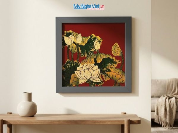 Tranh Sơn Mài Hoa Sen Vẽ Tay Nền Đỏ