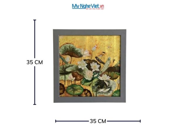 Tranh Sơn Mài Hoa Sen Dát Bạc Nền Vàng