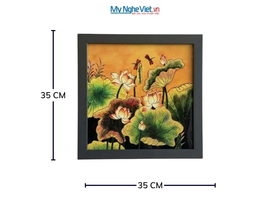 Tranh Sơn Mài Hoa Sen Vẽ Tay Nền Vàng