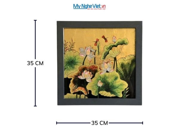 Tranh Sơn Mài Hoa Sen Dát Bạc Nền Vàng