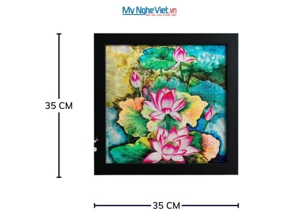 Tranh Sơn Mài Hoa Sen Hồng Dát Bạc Nền Xanh