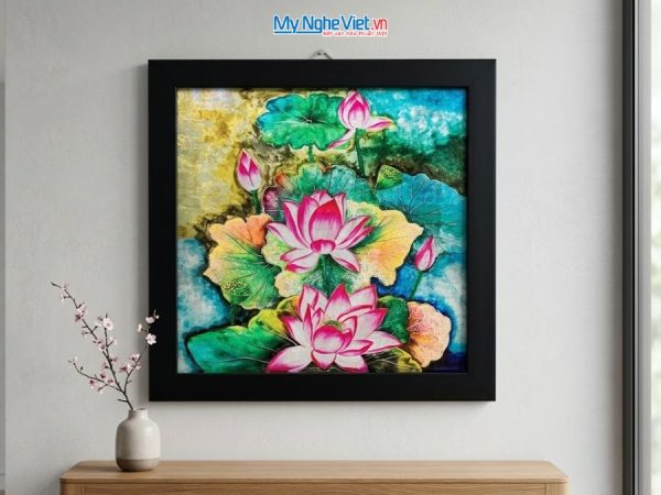 Tranh Sơn Mài Hoa Sen Hồng Dát Bạc Nền Xanh